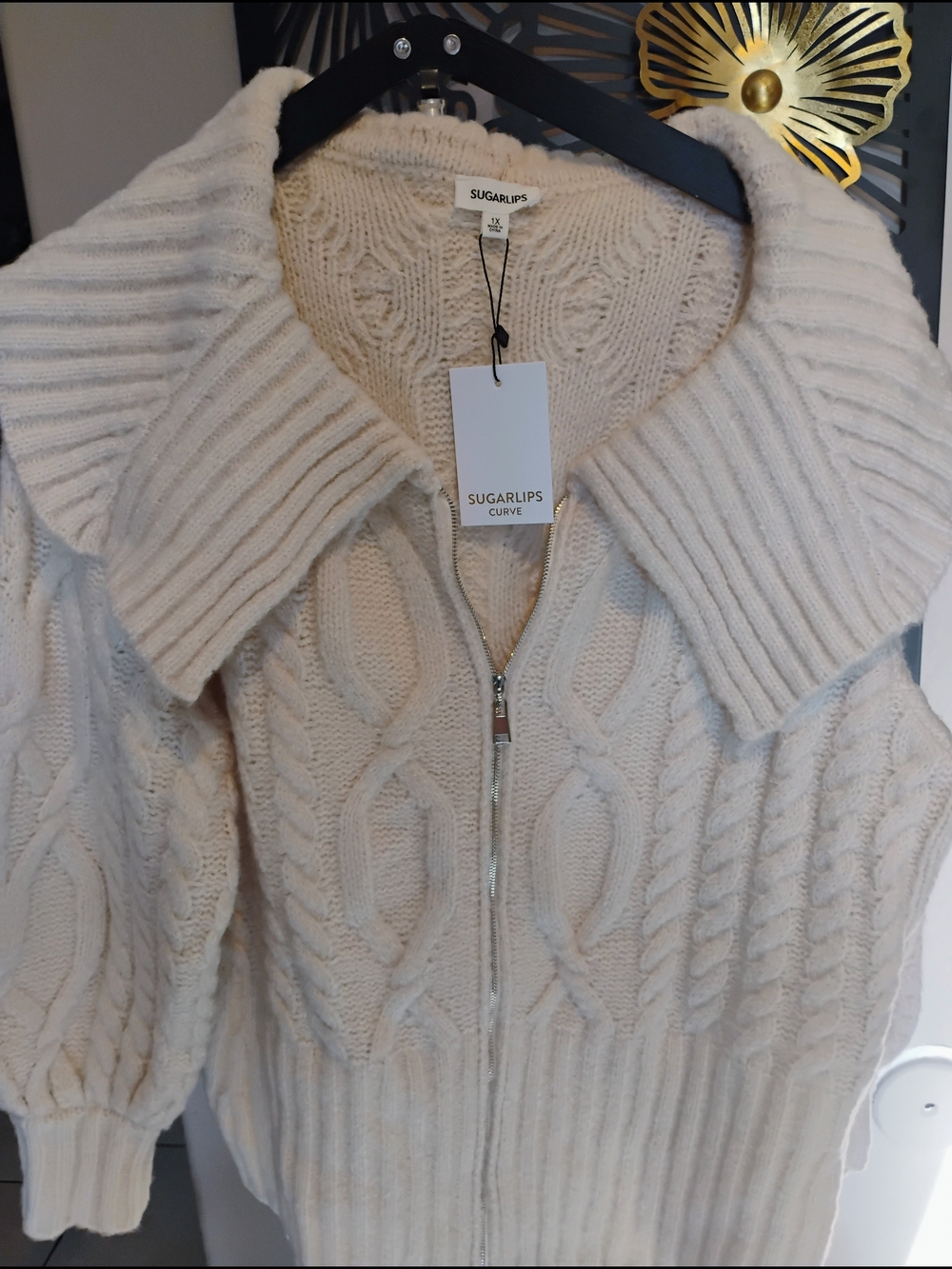 SugarLips Size 1X Cream Cable-Knit Zip Sweater Jacket NWT